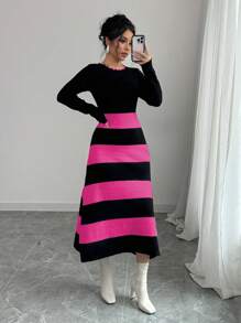 Elenzga Women Casual Daily Colorblock Striped Sweater Dress, Autumn/Winter Fall Cloth For Women