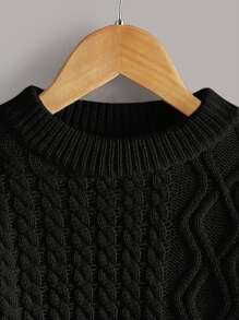 SHEIN Young Girl Sweater Pullover 3D Twisted Rope Elegant And Cute Ribbed Knitted Long And Short Legs Asymmetrical Button Binding Personalized Childish Fashion Warm Soft High Quality Casual Versatile Suitable For Playing Daily Outing Suitable For School Sweaters Knitwear Autumn And Winter Autumn And Winter Sweaters Knitwear - Black - View 3