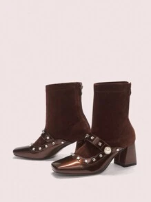 CUCCOO DOLLMOD Women Fashion Comfortable Coffee-Color Buckle Rhinestone Decor Square Toe Chunky Heel Casual Versatile Ankle Boots With Back Zipper New Year Holiday - Coffee Brown - View 2