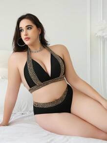 2 件大码亮片弹力抹胸文胸和内裤套装，无钢圈 - 彩色 - 查看 3