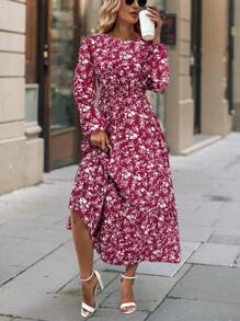 SHEIN LUNE 1 pieza Vestido largo con manga farol, cintura entallada y estampado floral pequeño para mujer, elegante estilo de resort, vestimenta para mujer maxí de color borgoña para primavera y otoño - Burdeos - Ver 3