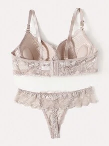 DelicateAllure Floral Lace Underwire Bra & Panty Lingerie Set - Khaki - View 2