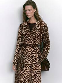 Maija Women's Autumn Loose Leopard Print Self-Tie Belt Double-Breasted Real Pockets Large Lapel Drape Long Leopard Printed Trench Coat