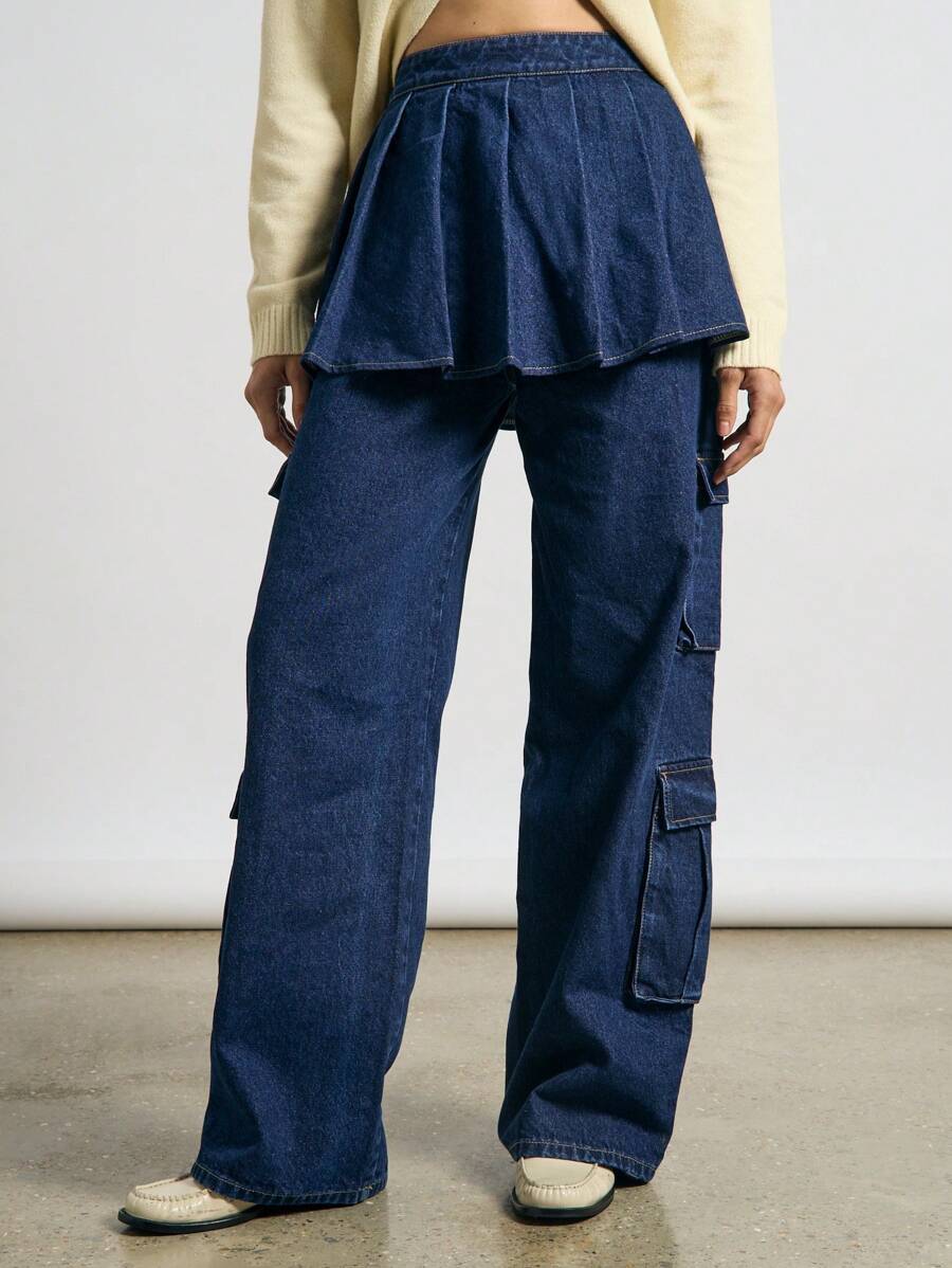 AiiRZ Quần jeans denim ống rộng cao cấp kèm chân váy xếp ly cạp cao thời trang dạo phố Y2K thu đông thường ngày - Màu xanh lam - Xem 1