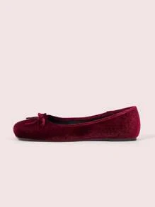 CUCCOO DOLLMOD Plus Size Rhombic Toe Flat Burgundy Red Suede Bow Decor Cute Flat Shoes, Minimalist Style For Women, Autumn/Winter New Year Holiday Valentines