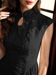 Vintamour 复古优雅女士旗袍领迷你连衣裙，中式花卉提花纹理面料，立领，短袖，褶皱拼接 A 字形休闲伞裙礼服女士连衣裙长裙舞会礼服白色连衣裙巡游女士服装返校节礼服秋季女装办公室女士秋季女装伴娘礼服晚宴礼服生日女士服装文艺复兴礼服派对半正式礼服老钱 - 黑色 - 查看 7