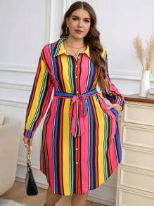 SHEIN Clasi Plus Size Shirt Collar Button Front Long Sleeve Striped Simple Casual Dress - Multicolor - View 3