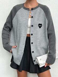 SHEIN Cottnline Women Button Front Contrast Color Heart Embroidered Casual Cardigan, Autumn/Winter - Grey - View 1