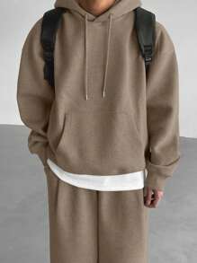 DAZY Bộ quần dài tay có mũ trùm đầu và túi màu trơn cho nam, mùa thu - Màu Khaki - Xem 3