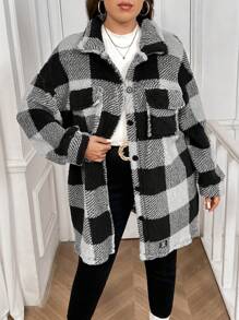 SHEIN LUNE Double-Sided Fuzzy Plaid Printed Front Button Long Sleeve Plus Size Jacket Winter Clothes - Multicolor - View 4