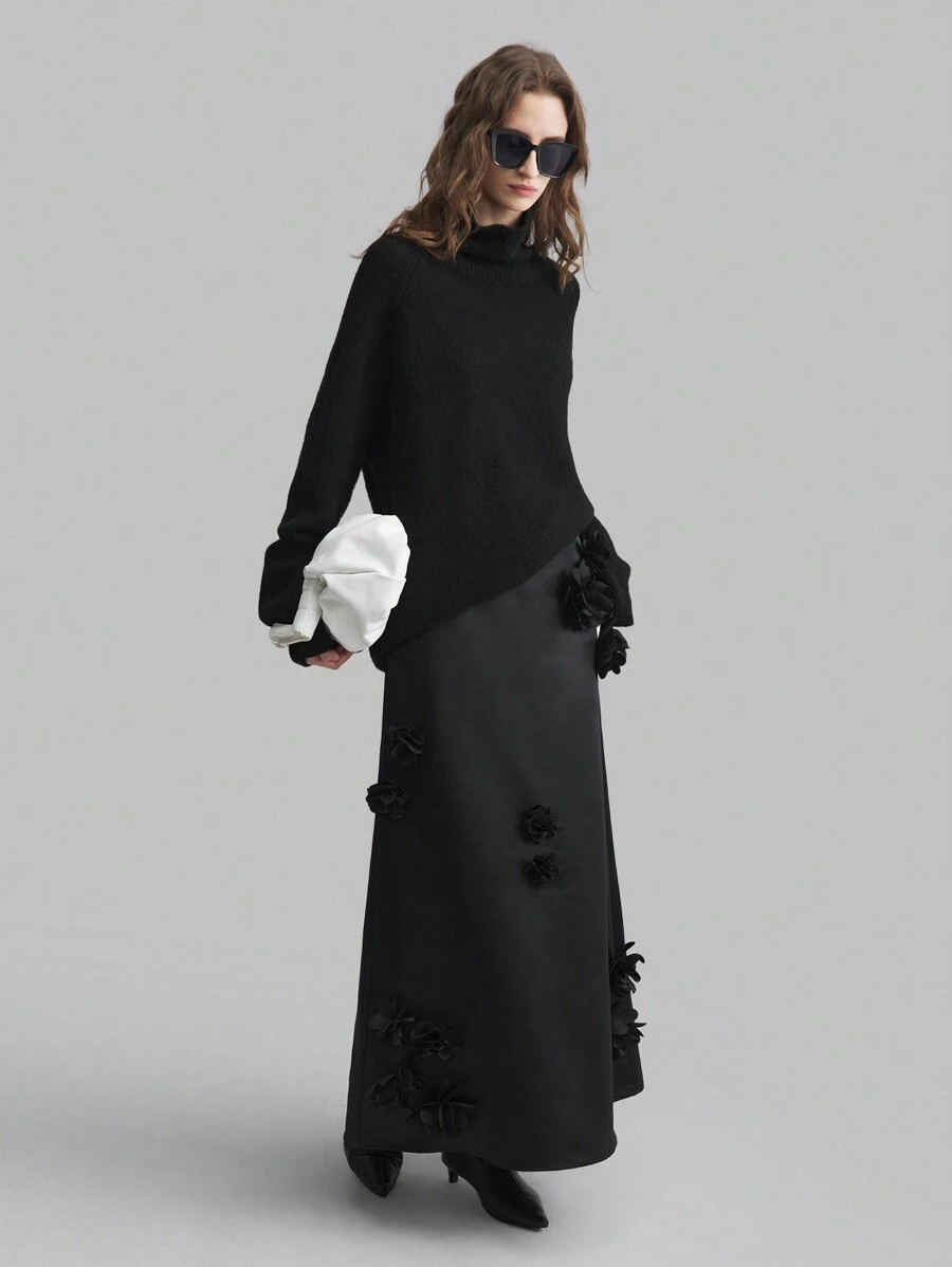 Ontre Women's 2025 Spring Floral Embellished Elegant Minimalist A-Line Skirt, Black Holiday Essential For Tall