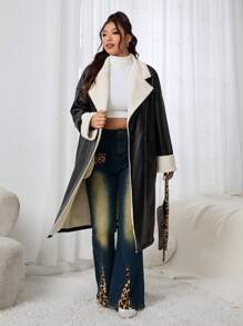 SHEIN EZwear Plus Size Casual Thermal Lined Shirt Collar Jacket, For Autumn/Winter