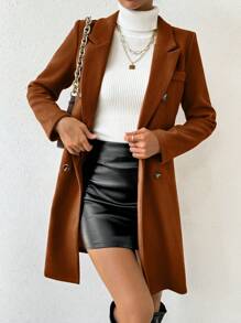 SHEIN PETITE Autumn Outdoor Notched Collar Double-Breasted Overcoat - Mocha Brown - View 1