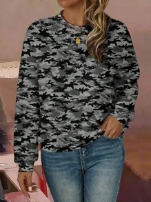 Polina Brazil Artist Women Camo Print Casual Crew Neck Sweatshirt, Suitable For For Holiday, Vacation, Spring, Festival, For Workout, Ibiza Fits