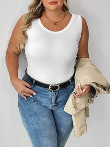 SHEIN CURVE+ Curve Plus Basic Figure-Flattering Sleeveless Round Neck White Tank Top Camisole For Autumn, For Summer