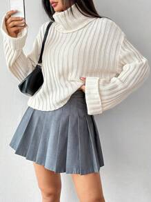 Chiquease Sweater Lengan Panjang Kerah Tinggi Warna Polos Sederhana untuk Wanita, Pullover Rajut Musim Gugur Musim Dingin - Krem - View 1