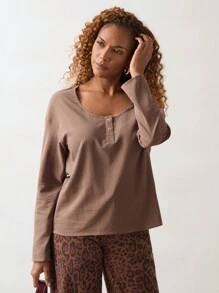 SHEIN Unity Blusa casual de cuello redondo de manga larga de unicolor para mujer, otoño