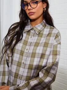 COSMINA Camisa de mujer a cuadros verdes con flecos, para otoño/invierno