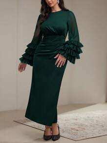 Veilorie Vestito casual lungo con collo rotondo, maniche lunghe, plissettato, colore unito, minimalista, modesto, da donna