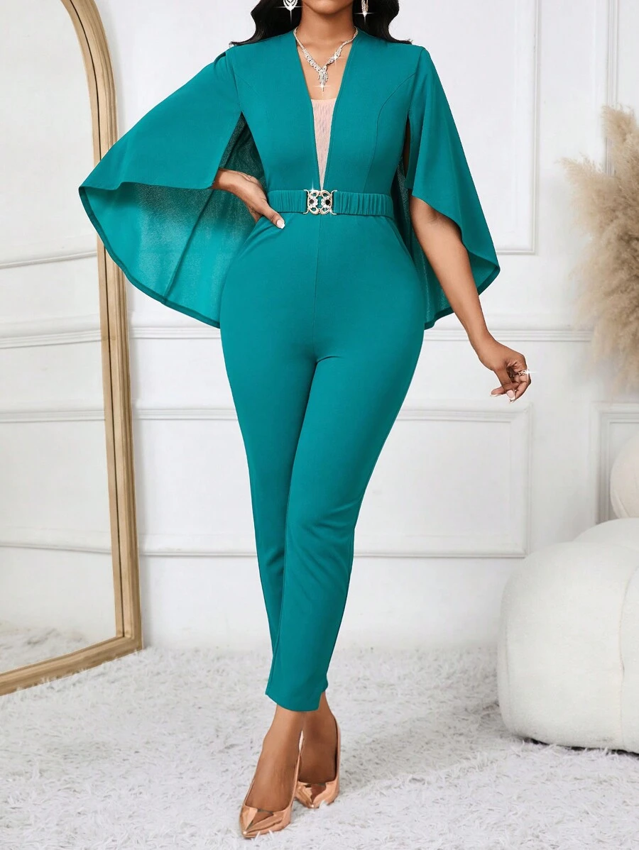SHEIN Lady 深绿色女式斗篷设计连身裤，V 领连身裤，优雅宴会连身裤婚礼连身裤 - 綠色 - 查看 1