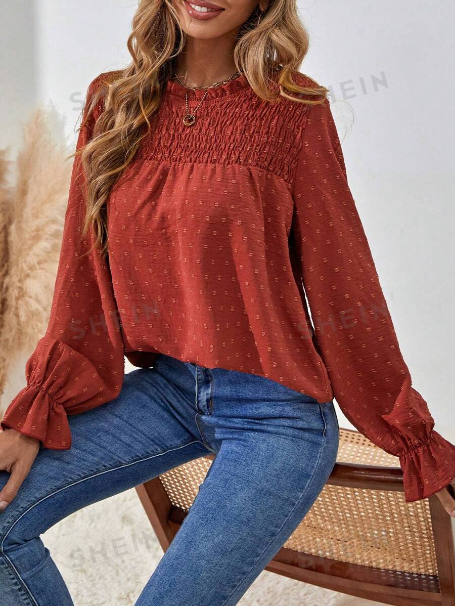 SHEIN LUNE Camisa informal de manga larga con lunares suizos, otoño