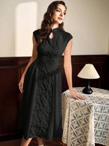 Vintamour 复古优雅女士旗袍领迷你连衣裙，中式花卉提花纹理面料，立领，短袖，褶皱拼接 A 字形休闲伞裙礼服女士连衣裙长裙舞会礼服白色连衣裙巡游女士服装返校节礼服秋季女装办公室女士秋季女装伴娘礼服晚宴礼服生日女士服装文艺复兴礼服派对半正式礼服老钱 - 黑色 - 查看 3