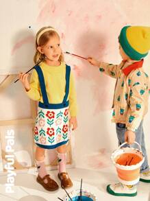 SHEIN 2pcs Young Girls Floral Print Long Sleeve Ruffle Collar Blouse & Pinafore Skirt Sweater Set, Cute/Retro/Casual, Suitable For School And Outdoor, Spring/Autumn/Winter - Multicolor - View 6