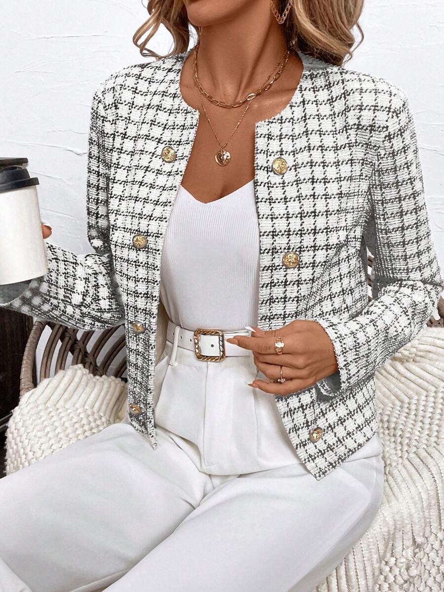 SHEIN Clasi 女士格子印花双排扣翻领金属纽扣拼色长袖宽松夹克，优雅时尚，适合秋冬季日常休闲、通勤 - 黑與白 - 查看 1