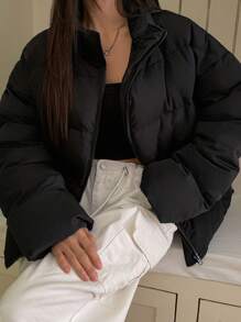 DAZY Women's Casual Solid Color Regular Stand Collar Loose Warm Down Jacket, Winter Style, Winter Women Clothes, Padded Coat Women