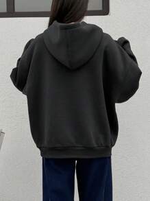 Dazy-Less 1pc Women Solid Color Loose Thermal Lined Hooded Sweatshirt With Letter Graphic,Fall Women Clothes