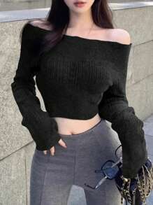DAZY Women Casual Solid Color Off Shoulder Cropped Fitted Sweater, Autumn Off Shoulder Sweater