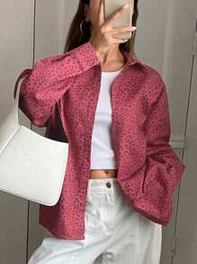 DAZY 女士休闲时尚豹纹前扣宽松蝙蝠袖衬衫，秋季 - 紅色 - 查看 6