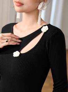 Modelyn Vestido tipo suéter con textura de patrón de flor calado para mujeres - Negro - Ver 7