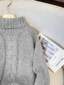 SHEIN Tween Girl Casual Floral Gray High Collar Loose Raglan Sleeve Puff Sleeve Textured Knitted Sweater,In Fall/Winter