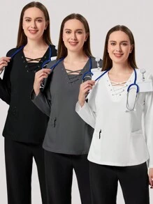 TaskEZ 3pcs Women Simple Cross Strap Double Pockets Nurse Scrub Uniform Top Set - Multicolor - View 16