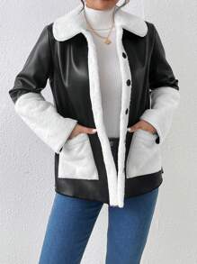 SHEIN Essnce 女式拼色毛绒领长袖双口袋休闲常规夹克，秋冬季 - 黑色 - 查看 4