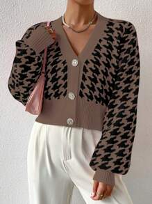 Chiquease Houndstooth Print V-Neck Button Front Long Sleeve Casual Cardigan
