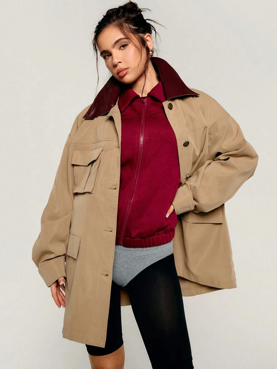 Athîral Barn Jacket-拼色领休闲风衣 秋冬女装卡其色翻领风衣 女装设计时尚百搭休闲风衣防风女装 Barnfit - 卡其色 - 查看 1