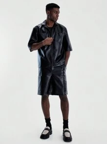 Musero Heren PU Zip Up Gestructureerd Shirt