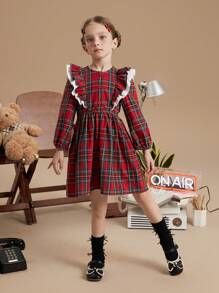 PrepCrw Young Girls' Collared Peplum Red Christmas Jacquard Woven Dress, Schoolgirl Style For Autumn/Winter