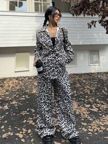 SHEIN EZwear 2 piezas/Set camisa de manga larga con estampado de leopardo casual y pantalones de pierna ancha, primavera y otoño - Caqui - Ver 6