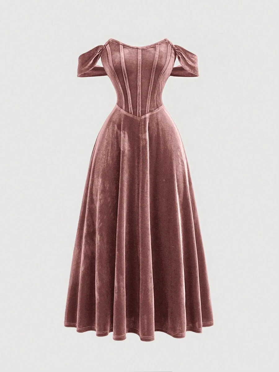 SHEIN MOD 大码浪漫淡粉色仿鱼骨设计单肩连衣裙 - 粉色 - 查看 1