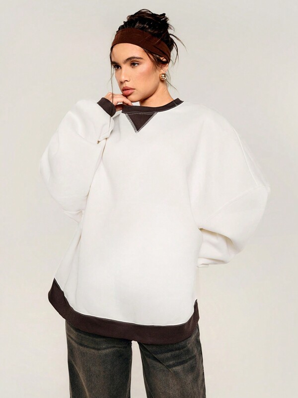 Athîral Women Casual Daily Contrast Trim Crew Neck Loose Fit Pullover Sweatshirt, Autumn