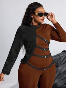 SHEIN SXY 加大码女式单袖牛仔夹克，带扣环，圣诞服装，感恩节女装设计