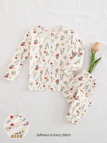 Cozy Pixies Conjunto de pijama de 2 piezas ajustado para bebé niña, con top de cuello redondo de manga larga de punto suave con estampado floral diminuto y pantalones