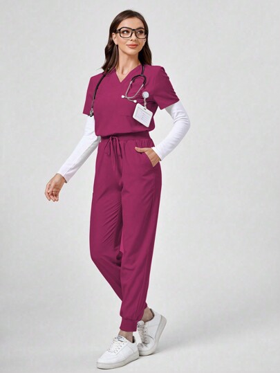 TaskEZ Conjunto de uniforme de scrubs de unicolor con top de cuello en V de manga corta y pantalones con cordón y bolsillo. Conjunto de ropa de scrubs, vestidos de enfermera, tops de scrubs, pantalones de scrubs, batas de laboratorio, abrigos de scrubs