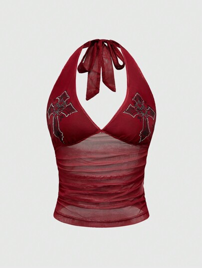 Goth Canotta in tessuto a rete con strass incrociati sui lati e volant, adatta per il Carnevale