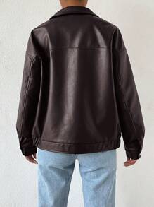 SHEIN EZwear Drop Shoulder Zip Up PU Cropped Leather Jacket In Fall/Winter