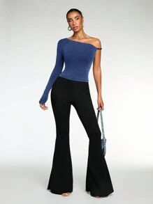 SHEIN BAE 1 件女式牛仔蓝色不对称领口修身衬衫、长袖上衣、保暖衬衫、性感长袖上衣、高弹力上衣 - 深色水洗藍 - 查看 2