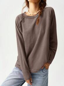 Bohemela Solid Color Knit Round Neck Raglan Sleeve Long Loose Casual T-Shirt For Women, Suitable For Holiday